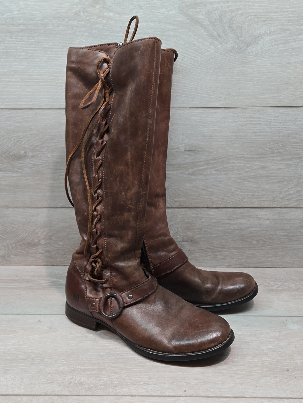 Born Women Tall Riding Brown Leather Moto Lace-Up Sides Boots Shoes Sz 9.5